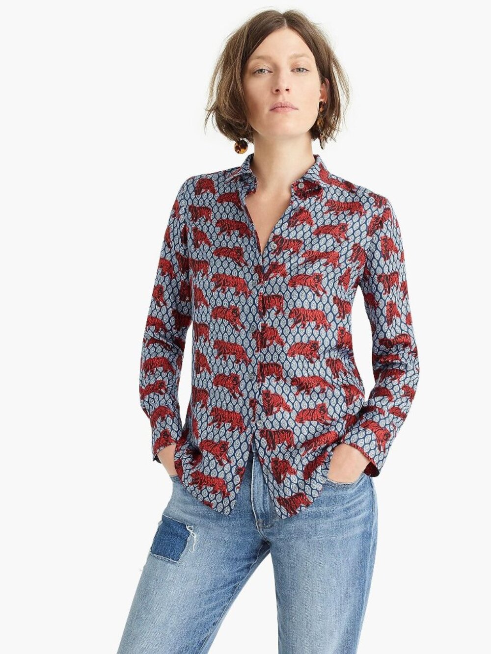J. Crew Tiger Print Button-Up Shirt in Blue and Red - silk - 00